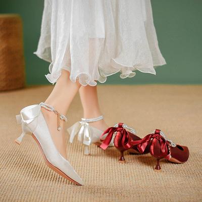 Красные свадебные туфли бант острый носок высокий тонкий каблук Мэри Джейн женские туфли новые жемчужный средний каблук одинарные туфли