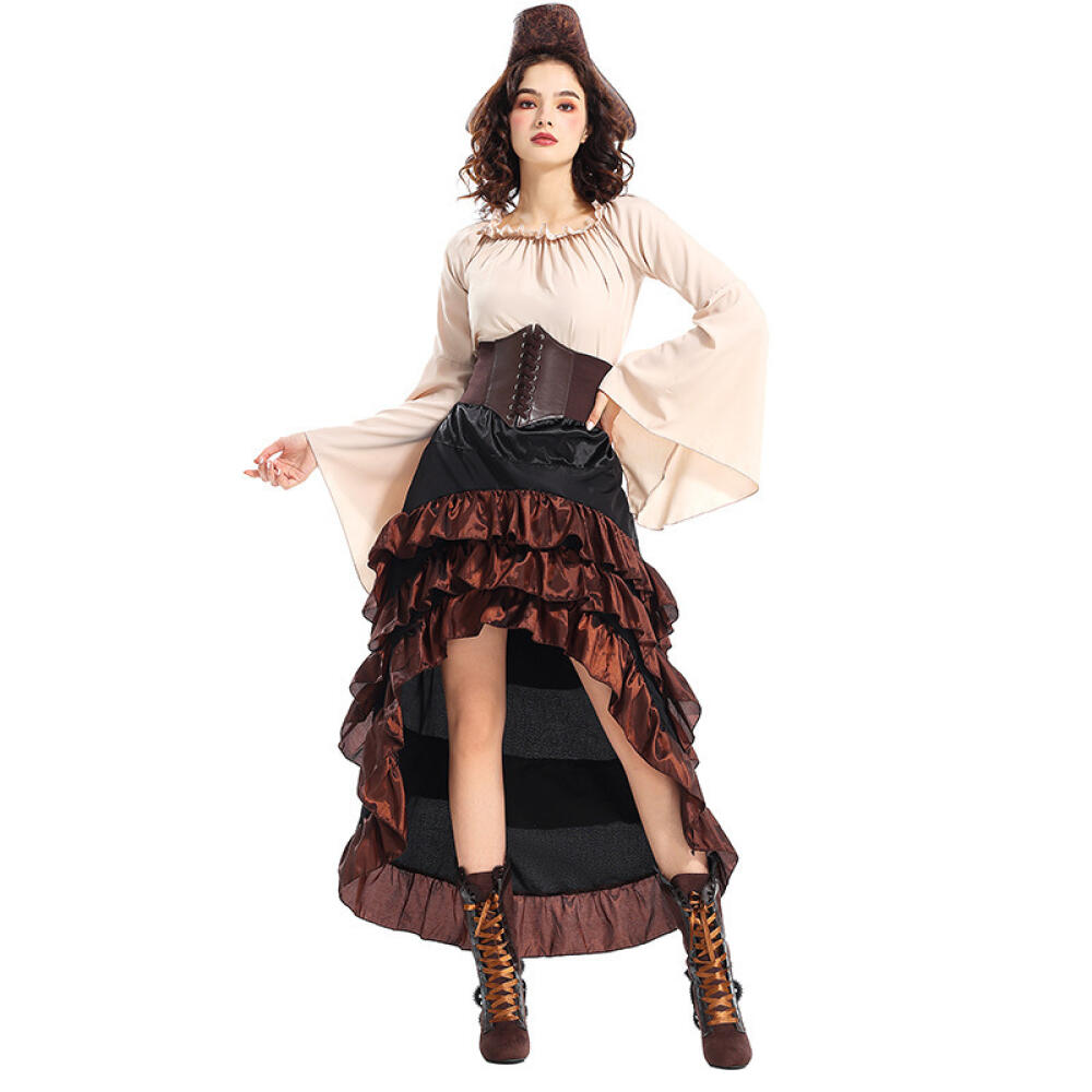 Halloween Pirate Cosplay Costume Set Medieval Vintage European Flanged Triangular Hat Lace-up Corset Top Midi Skirt Sailor Suit