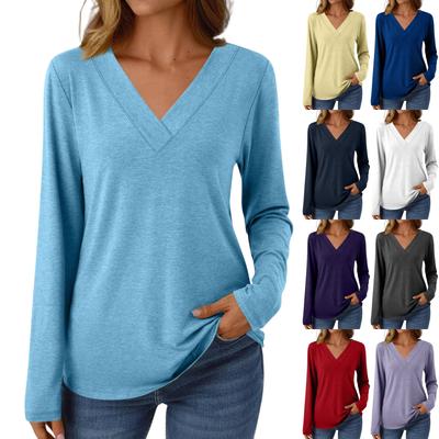 Женская повседневная модная футболка с длинными рукавами и V-образным вырезом, однотонная, с начесом