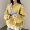 Korean Chic Spring Color Block Stand-Up Collar Letter Print Loose Long Sleeve Sweatshirt for Women