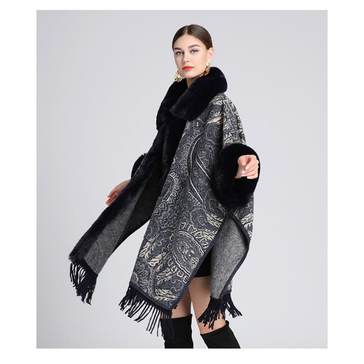 Зимняя женская куртка-накидка с шалью, жаккардовая куртка с меховым воротником, свободная твидовая куртка большого размера с рукавами семь точек