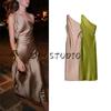 Autumn New Women Clothes Holiday Style Asymmetric Collar Silk Satin Texture Long Dress 2157241 8372074