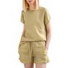 Women's Two Piece Set Cotton Linen Summer Matching Lounge Set Casual Crew Neck Top Short Suit with Drawstring Waist for Home Wear