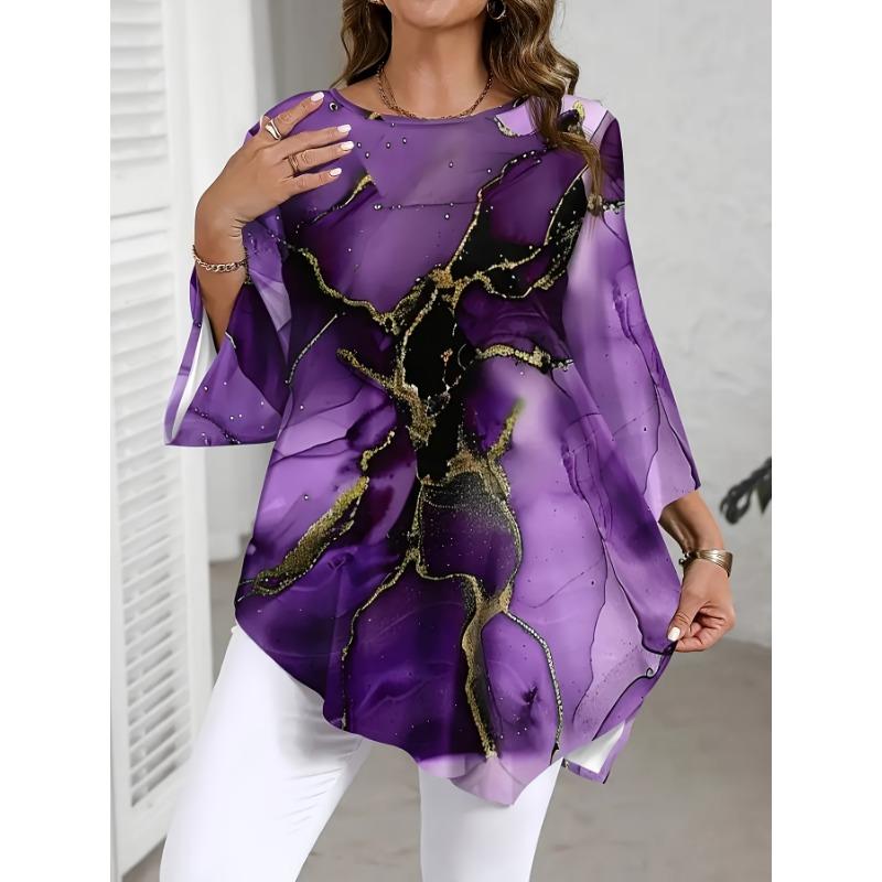 Plus Size, 1pc Plus Size Women's Casual Marble Digital Print Round Neck Three-quarter Sleeve Top