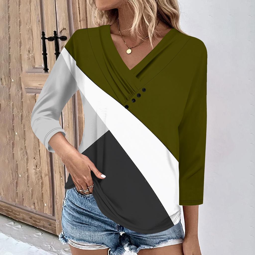Womens 3/4 Sleeve Daily Weekend V Neck Casual Printed Tshirts Loose Fit Pleated Tees Ladies Blouse