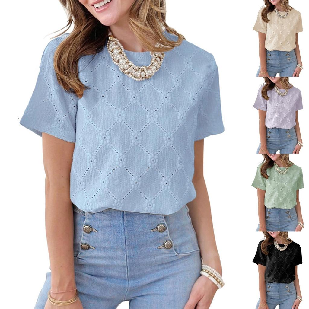 Women's Fashion Solid Color Round Neck Short Sleeved Pullover T-shirt Top