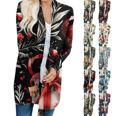 Женская модная повседневная куртка-кардиган средней длины с принтом рождественской елки и снеговика