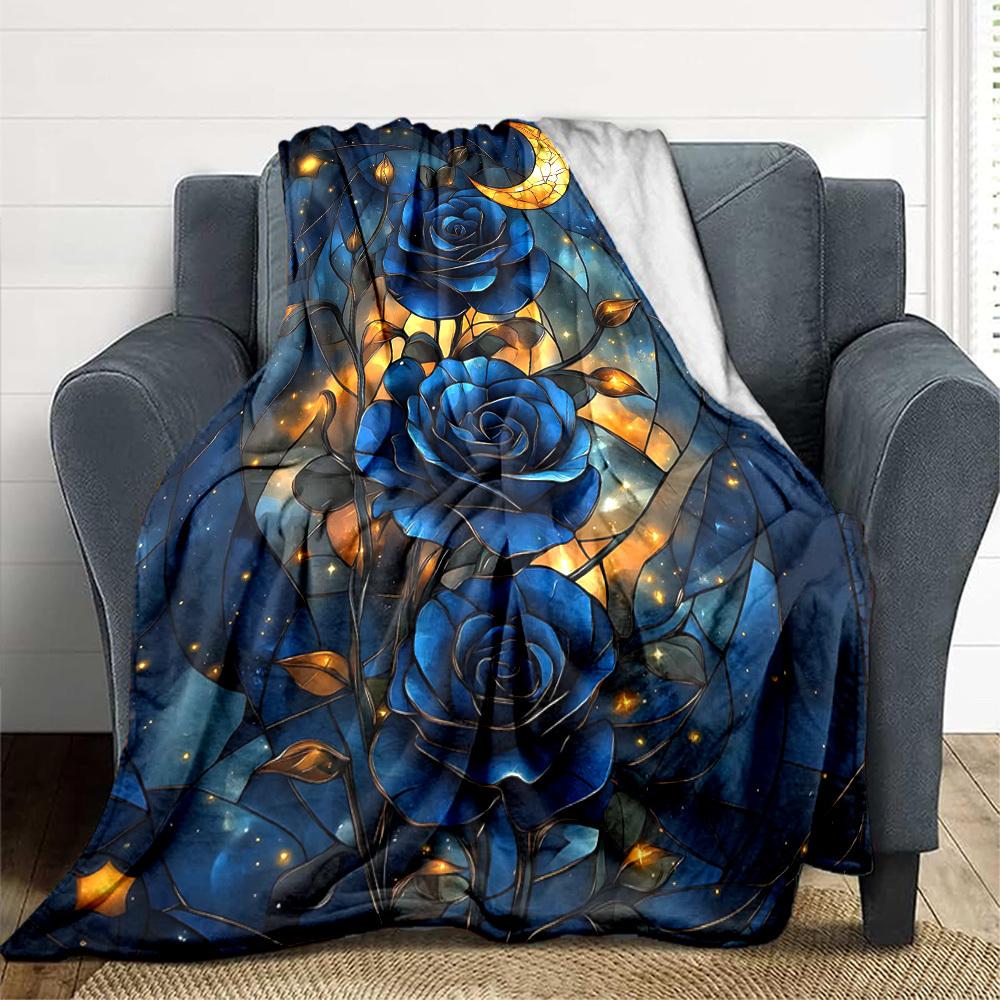 1pc Stained Glass Roses Print Blanket Lightweight Flannel Throw Blanket For Sofa, Bed, Living Room, Office, Outdoor Travel, Camping