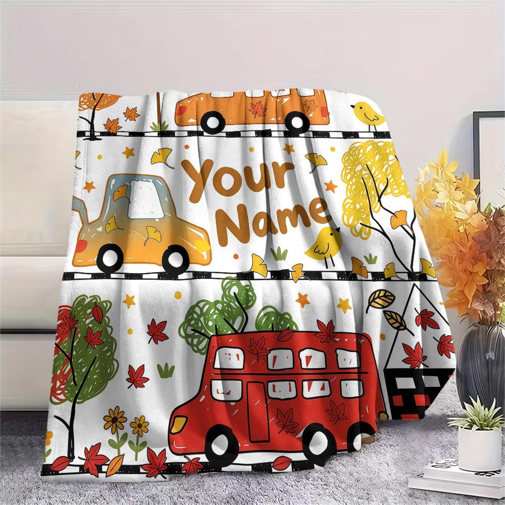 Custom Name Cartoon Car Farm Sea Creature Flannel Blanket, High quality Comfortable for All Seasons, Home Decor, Warmth and Comfort