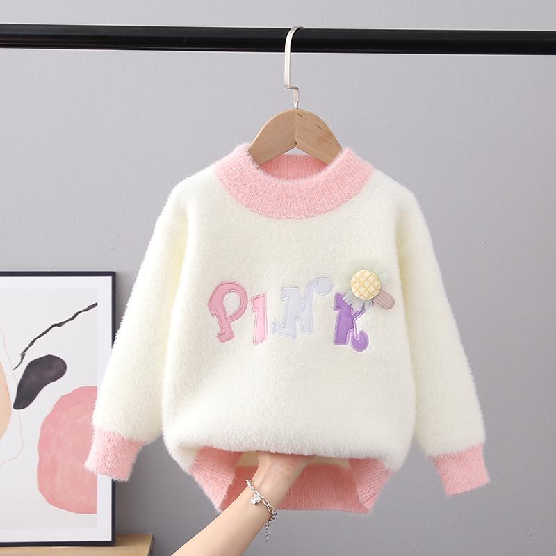 Autumn and Winter Children's Sweater Pullover Girls' Round Neck Knitwear Mink Down Children's Western Cartoon Long Sleeve