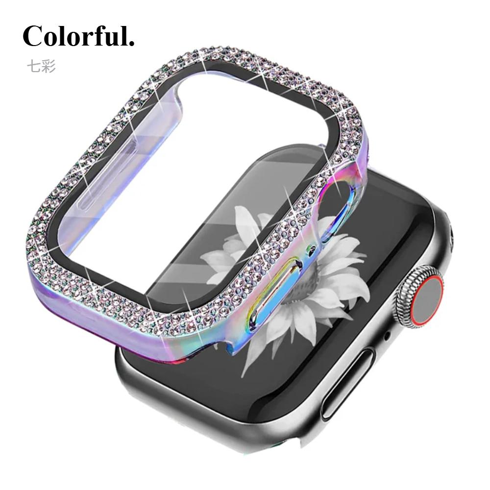 Блестящий чехол из стекла+крышка для Apple Watch Series10 46мм, 44мм, 45мм, 41мм, 40мм, 38мм, 42мм, женский бампер с бриллиантами+защитная пленка для экрана iwatch Series 7 9 8 5 6 SE