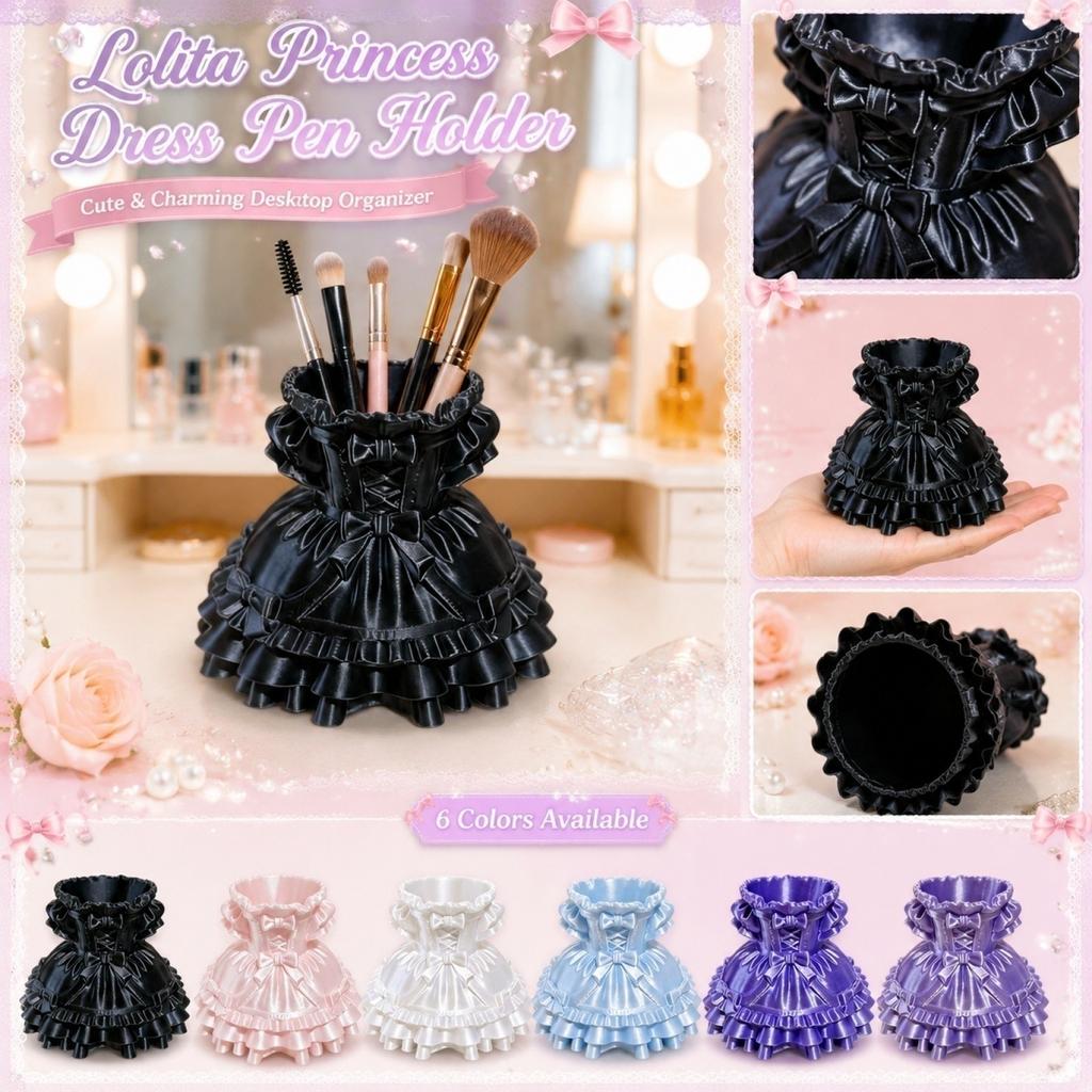 3D Printed Princess Dress Pen Holder Desktop Organizer Cute Girl Style Storage Container for Office and Home Use with Detailed Ruffles and Bow Design