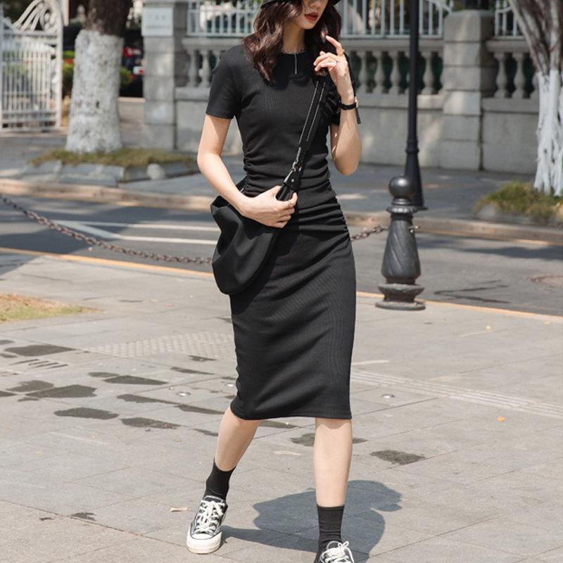 Temperament Age-reducing Drawstring Waist Dress Summer Cotton Slimming Short-sleeved Over-the-knee Dress