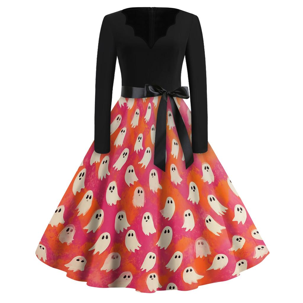 Women's Casual Halloween Printed V Neck Vintage Dress Long Sleeve Retro Fit and Flare Knee Length Dress with Belt and Halloween Pumpkin Design