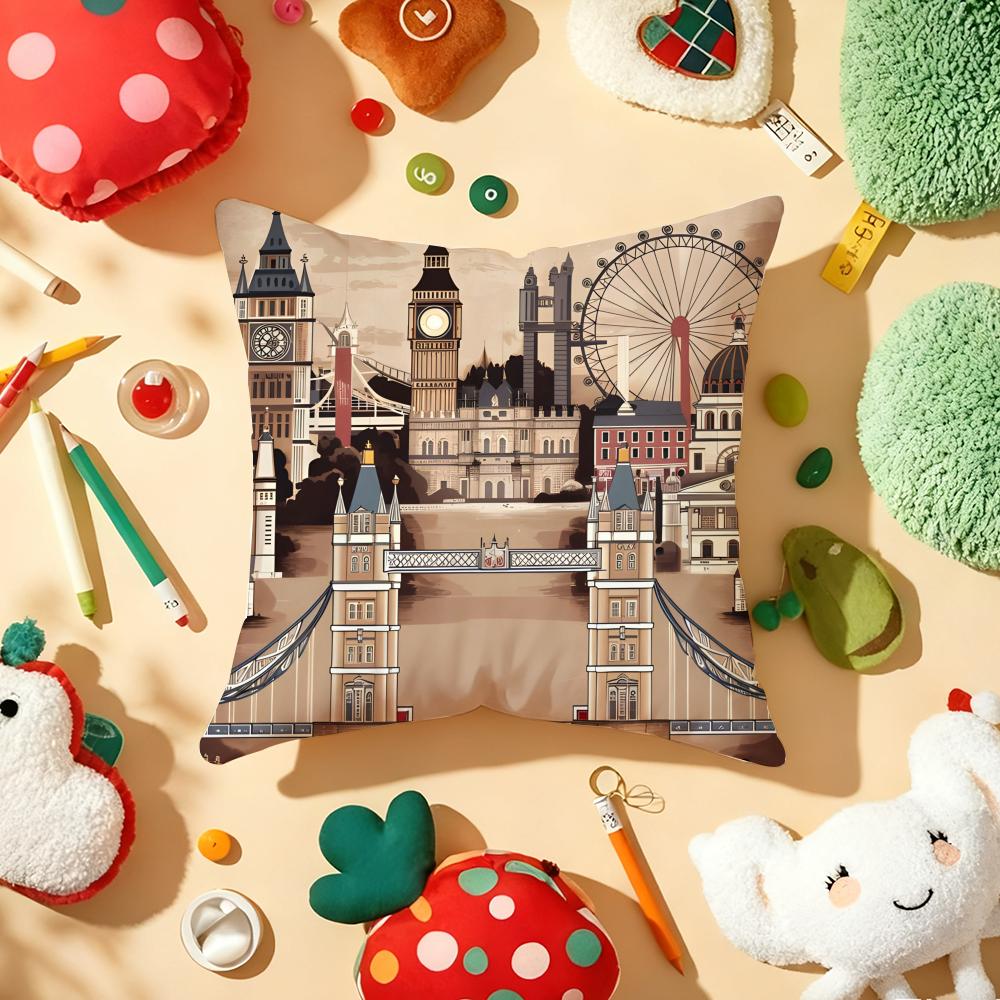 UK Scenery Retro Cushion Cover Plush Fabric Soft DoubleSided Printed Sofa Warm Winter Home Gift Pillow Cover