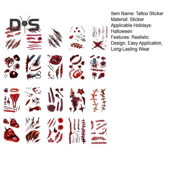 20Pcs Tattoo Stickers Realistic Fake Blood Scars Cuts Injuries Halloween Zombie Makeup Tattoo Sticker Waterproof Temporary Scar Wound Prank Props