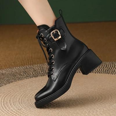 Мода 2024 Высококачественная обувь для женщин Ботинки женские с боковой молнией Осенние квадратные носки Однотонные короткие бочонки на толстом каблуке Модные ботинки
