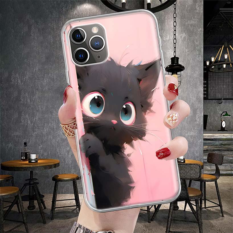 Аниме Милый Черный Кот Мяу Мягкий Чехол Для Телефона Для IPhone 11 17 Air 16E 16 Pro Max 15 + 14 Plus 13 Mini 12 Apple 7 SE 8 Fundas Coque