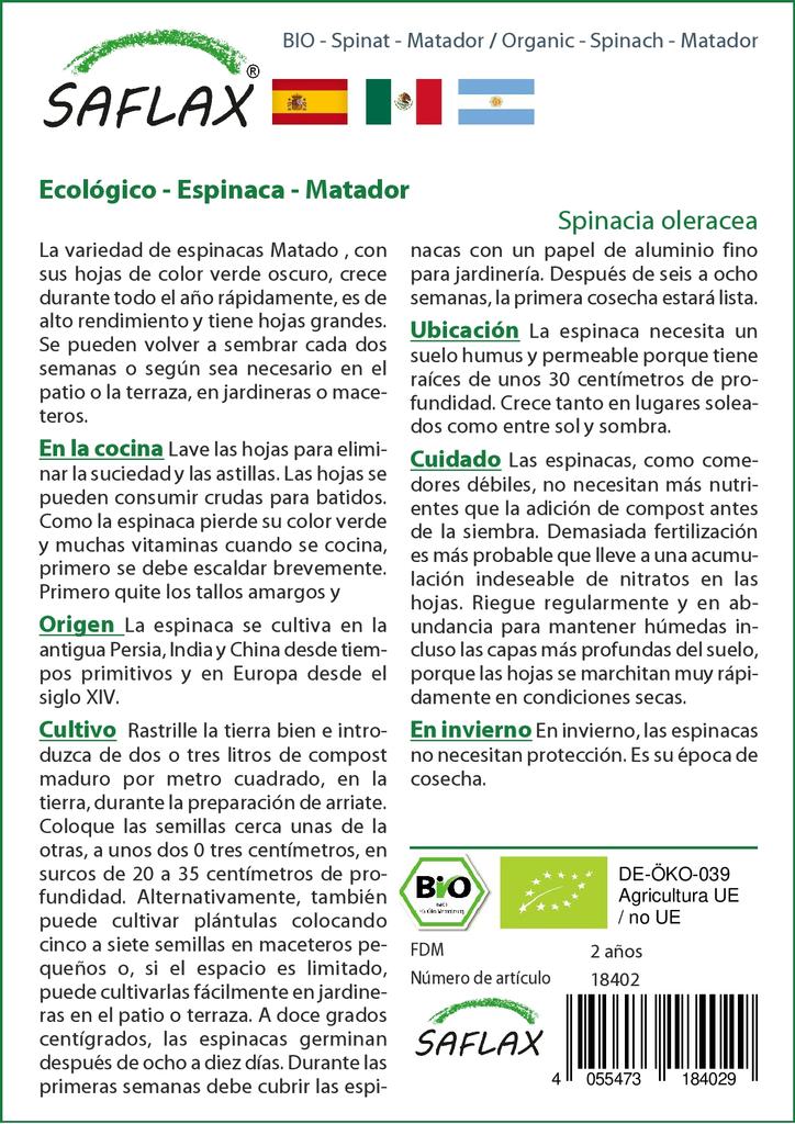 SAFLAX Garden in the Bag - Органический - Шпинат - Матадор - 300 семян - С субстратом в подходящем пакете - Spinacia oleracea