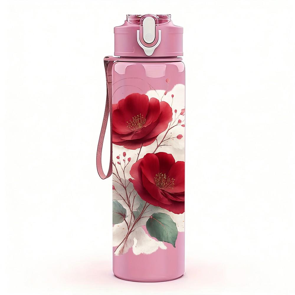 1PC Red Rose Flower 750ml Color Plastic Sports Water Bottle Leakproof Flip Straw Lid Suitable for Sports Office Home Use