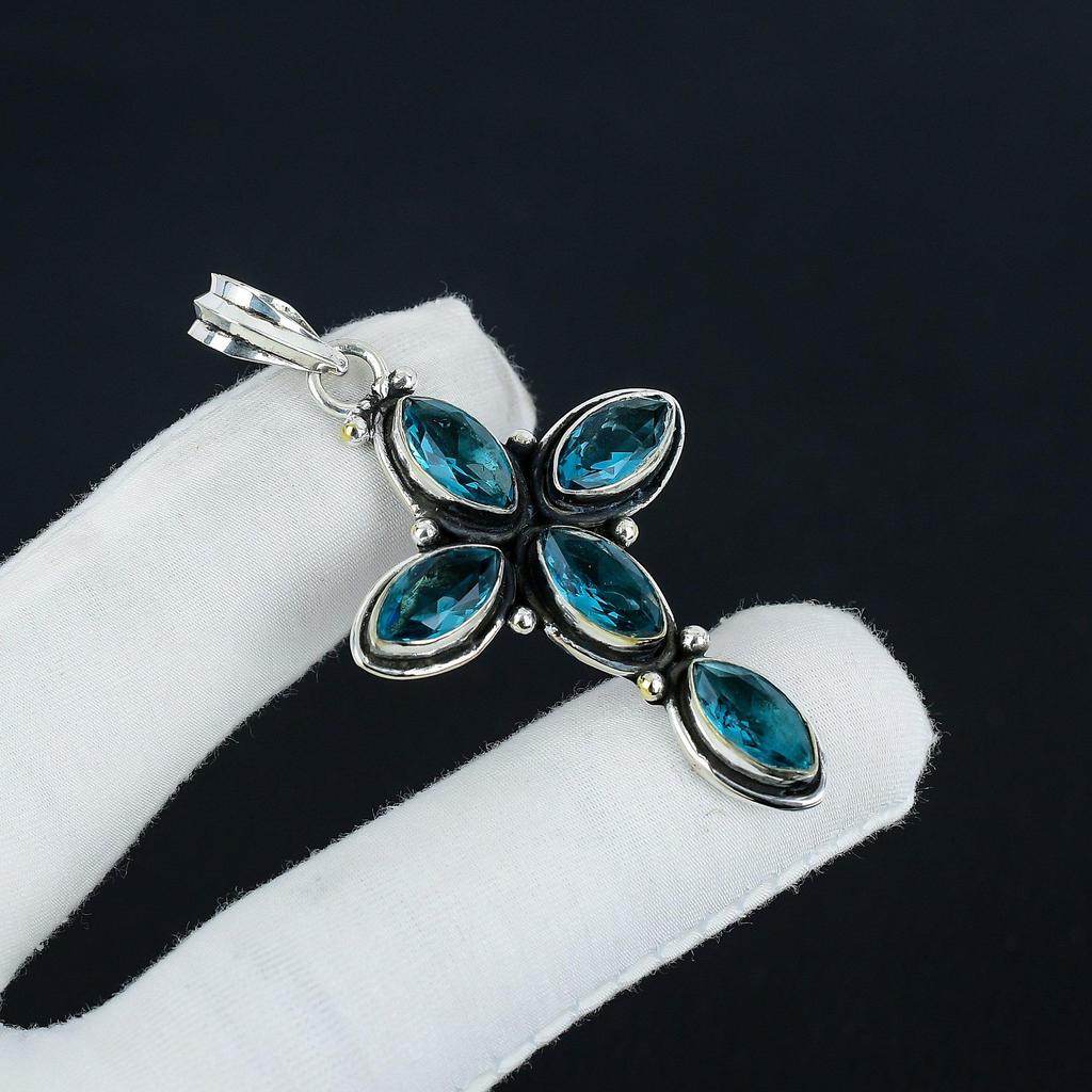 Blue Topaz Gemstone Silver Cross Pendant In 925 Sterling Silver- Handmade Design, Everyday Wear Jewelry, Unique Pendant Party Wear Gift