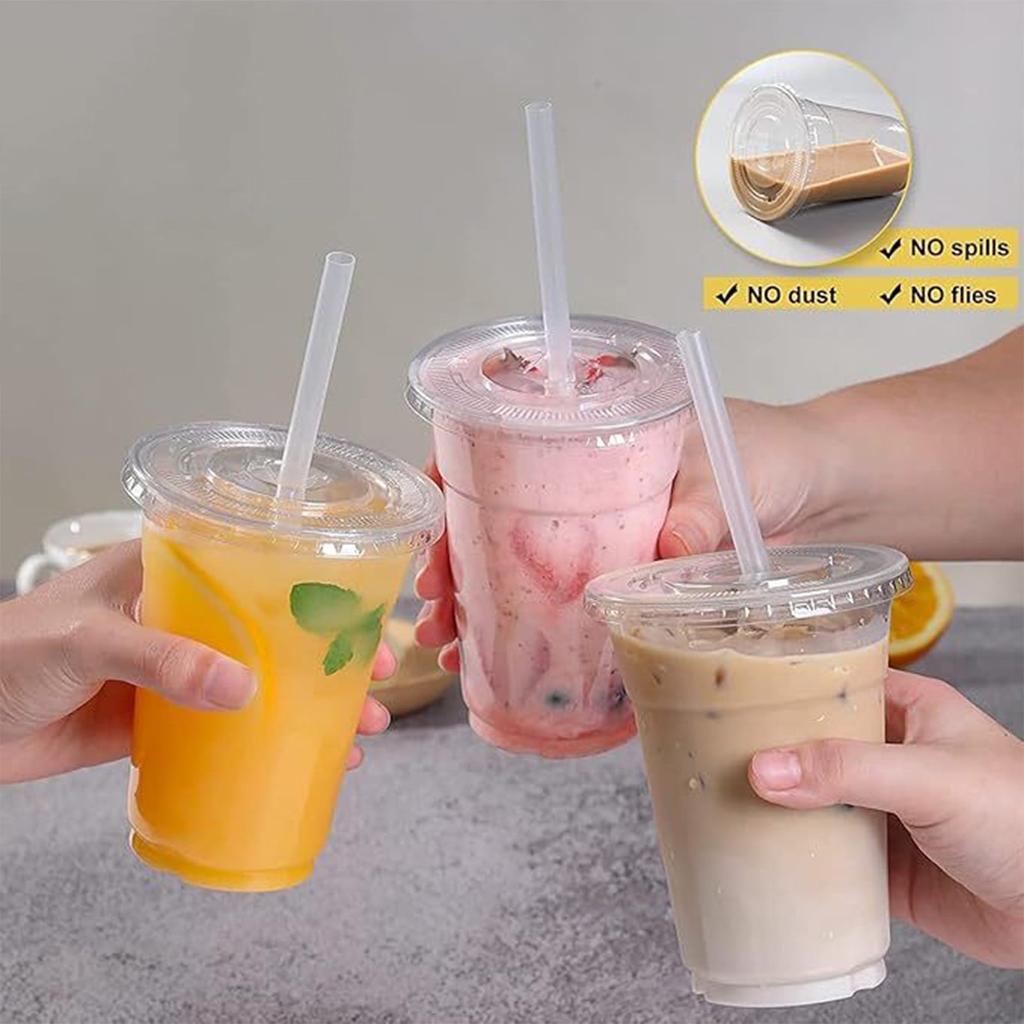 100-Pack 360ml Disposable PET Plastic Cold Drink Cups with Clear Leak-Proof Lids Straws Included for Bubble Tea Iced Coffee Fruit Tea Lemonade Commer