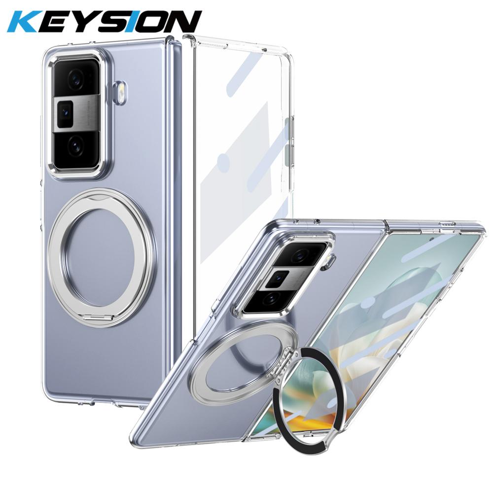 KEYSION Вращающийся на 360° магнитный чехол-подставка с кольцом для HONOR Magic Vs3, прозрачный жесткий чехол для ПК-телефона со стеклянным защитным экраном