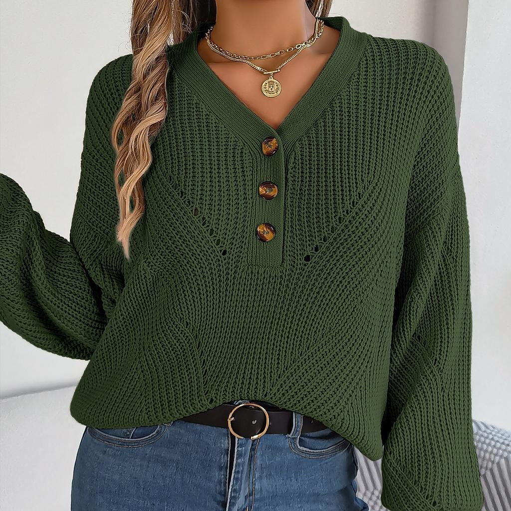 GMXIA Women's Fashion Casual Solid Color Autumn Winter Long Sleeve V-neck Loose Hollow-out Button Lantern Sleeve Pullover Sweater