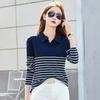 Spring and Autumn Women's Striped Splicing Stretch Slim Bottom Casual Hundred Lapel T-shirt