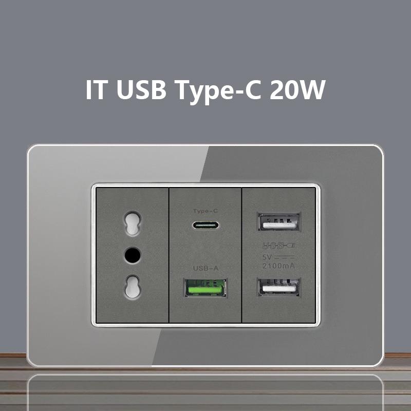Italy Chile Socket with USB Smart Type-c 20W Fast Charging Glass Wall Electric Light Switch,Thai US Brazil Dual USB Power Socket
