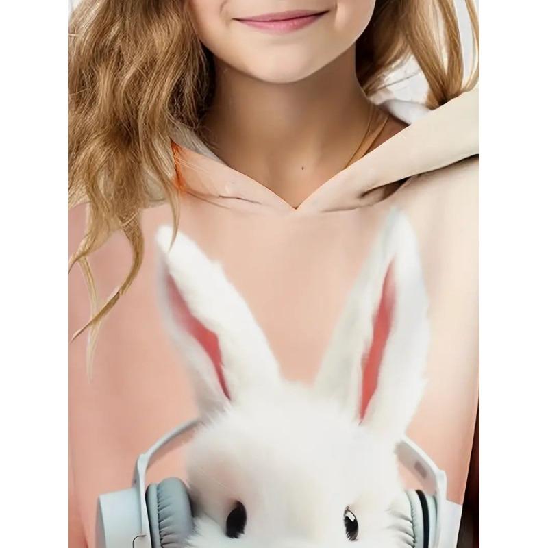 Осенний новый милый кролик в наушниках 3D-симуляция детский пуловер тренд сладкий и энергичный толстовка с капюшоном для девочек