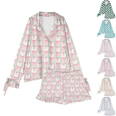 Женский костюм из 2 предметов с принтом, топ на пуговицах с длинными рукавами, широкие брюки, комплект, пижамный домашний повседневный костюм