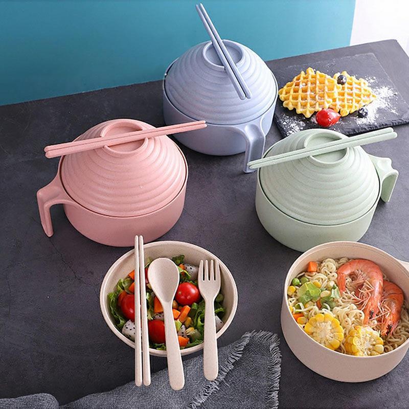 Ramen Noodle Bowl Cereal Bowl With Chopsticks Spoon And Fork Ramen Noodle Rice Bowl With Lid And Handle For Home Dorm Room