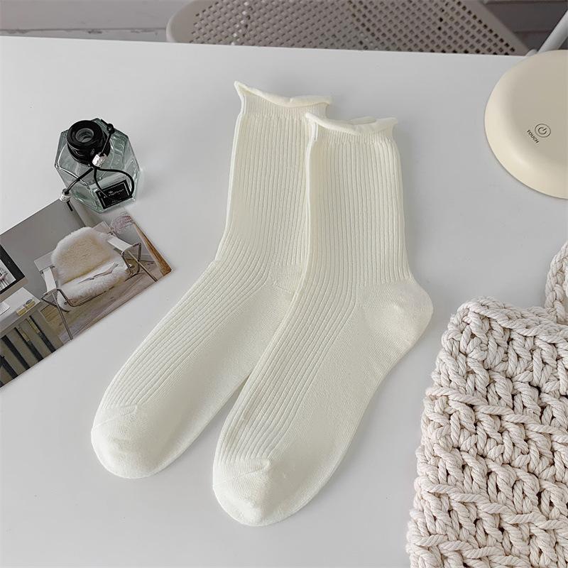 Закатанные носки-гольфы для женщин, весенне-осенние однотонные хлопковые носки до середины икры, бежевые простые и универсальные длинные носки, летние