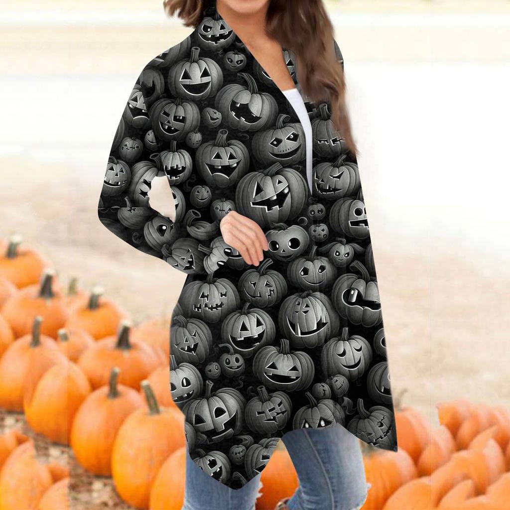 Женская мода, повседневный кардиган с принтом на Хэллоуин, средней длины, куртка, пальто