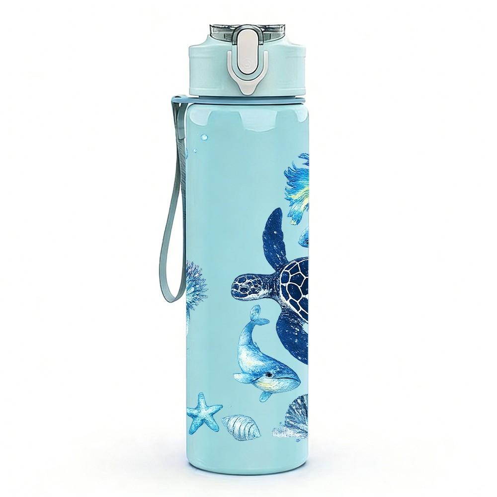 1PC Jellyfish Turtle Ocean Animal Print 750ml Color Plastic Sports Water Bottle Leakproof Flip Straw Lid Suitable for Sports Office Home Use