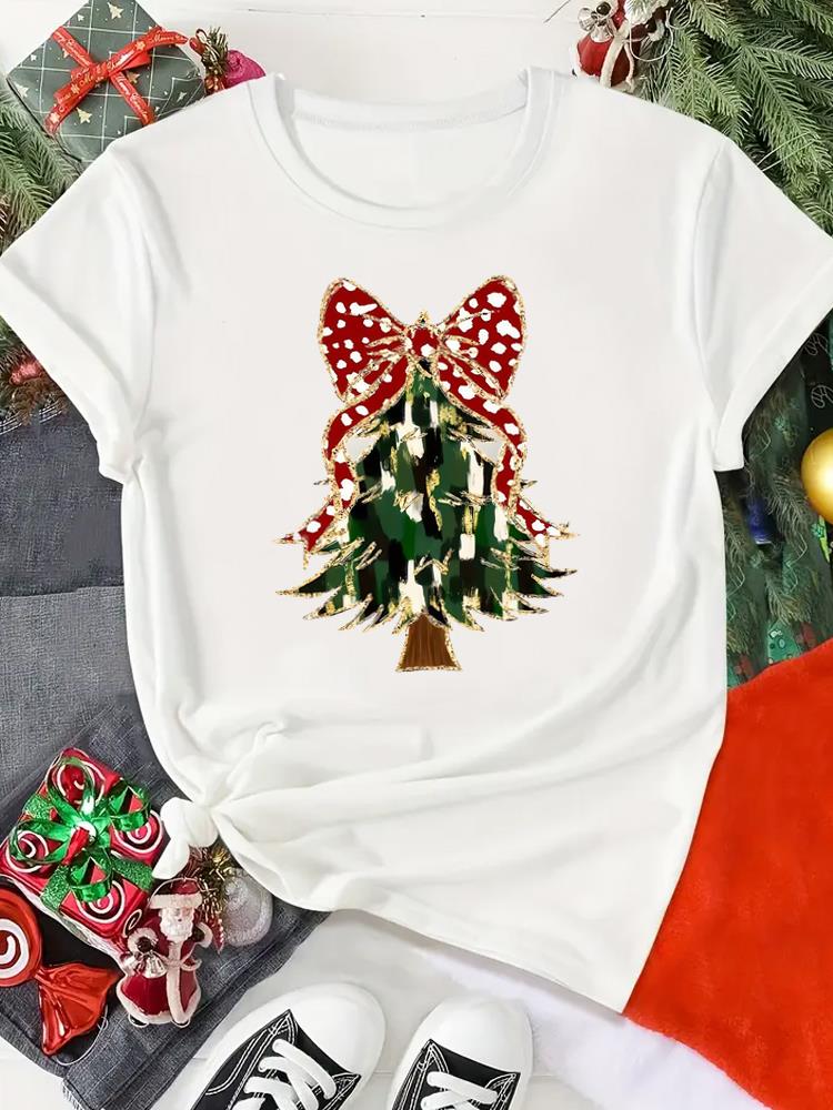 (Asian Size) Print Merry Christmas O-neck Women's Top New Year T Clothing Tree Lovely Style Cute Short Sleeve T-shirts Fashion Holiday Graphic Tee