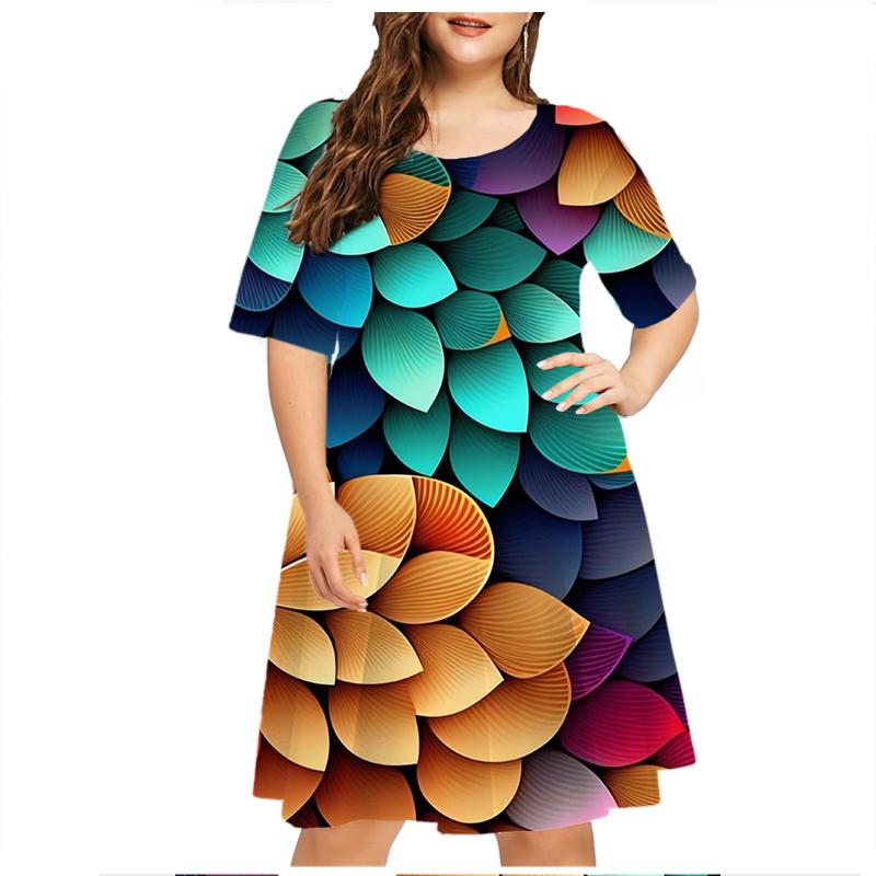 Женское платье Green Leaf Raindrop с коротким рукавом, летняя мода, свободные платья с круглым вырезом и принтом больших размеров 6XL, повседневное мини-платье с 3D-принтом 5XL
