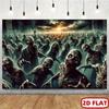 A 2D flat banner depicting a horde of zombies advancing towards the front in a post-apocalyptic scenario.PMJ