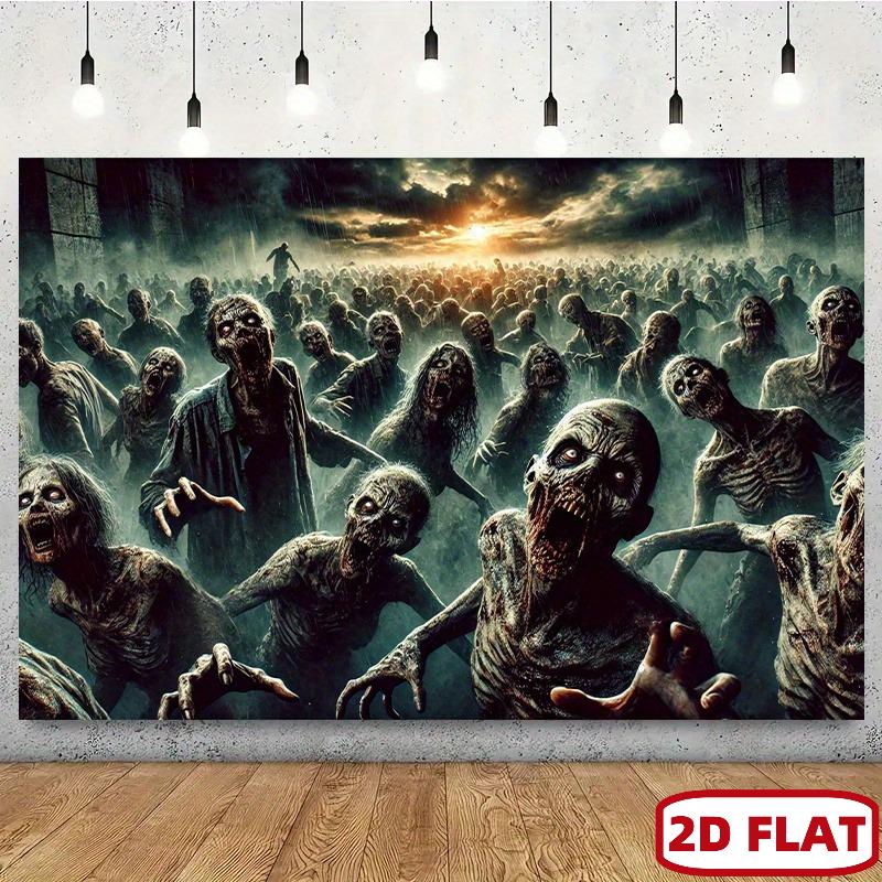 A 2D flat banner depicting a horde of zombies advancing towards the front in a post-apocalyptic scenario.PMJ