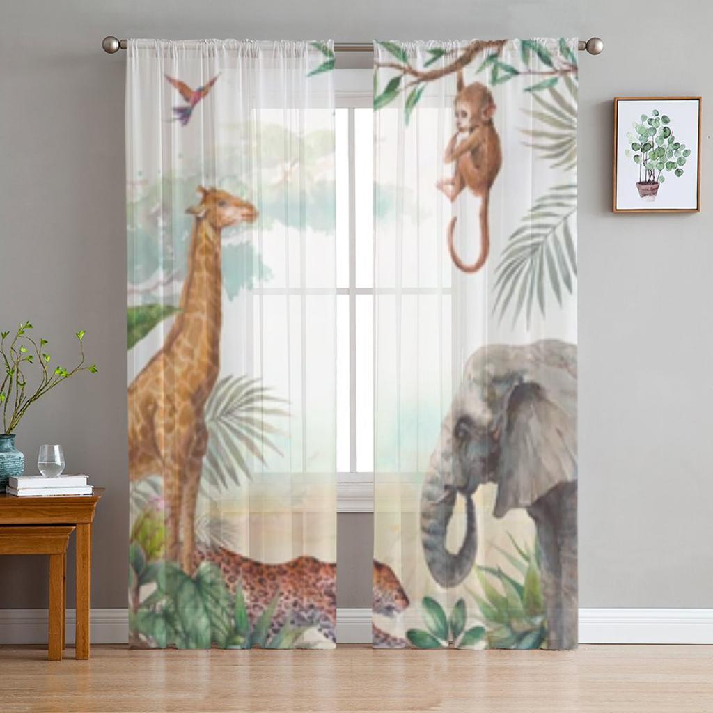 Jungle Tropical Safari Animal Elephant Sheer Window Curtains For Living Room Bedroom Voile Tulle Curtains Drapes For Kitchen