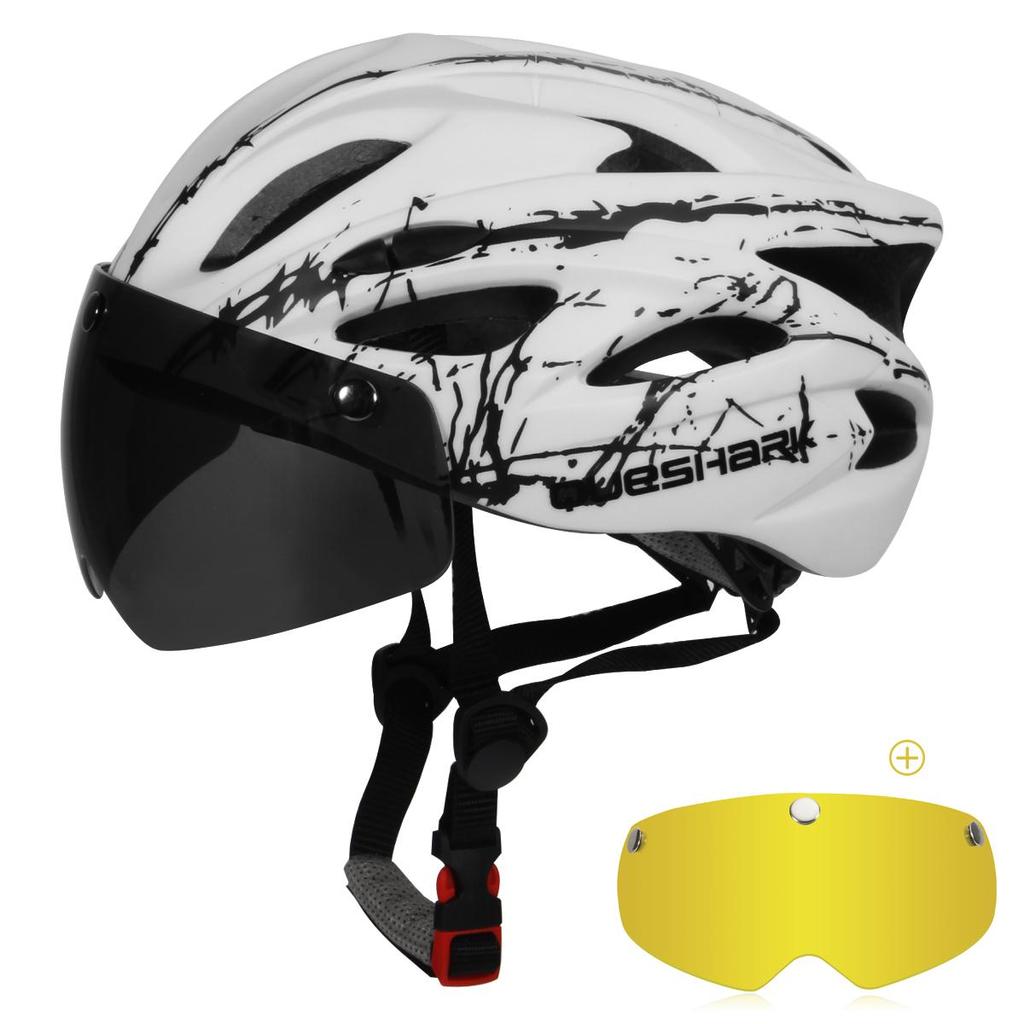Queshark Ultralight Cycling Helmet with Goggles Bicycle Safety Cap Motorcycle Riding MTB Road Bike Helmet+Removable Yellow/Colorful Lens