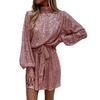 Women Sequined Lace Up Dress O-neck Long Sleeve Short Dress Solid Color