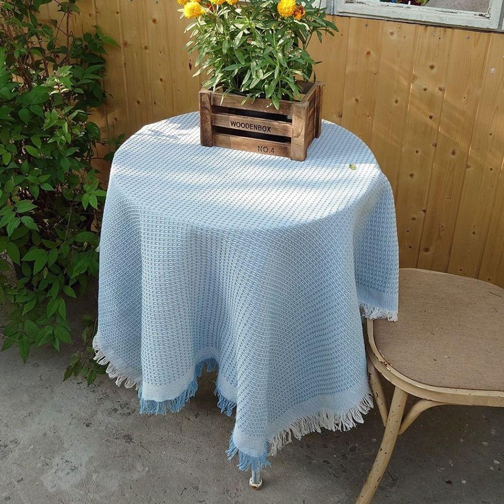 Multi-purpose Garden Table Cloth Waffle Texture White Round Table Tablecloth Solid Color Tassel Dinner Tea Table Covers Coffee