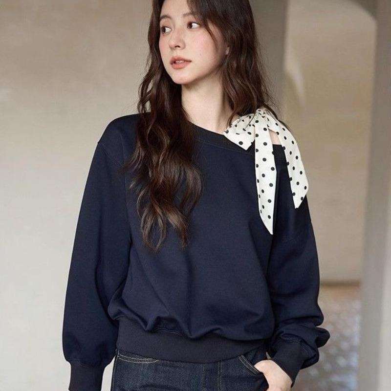 Ladies' Polka Dot Lace Up Sweatshirt Women's Slash Neck Long Sleeved Pullover Autumn New Version Loose Casual Style Top