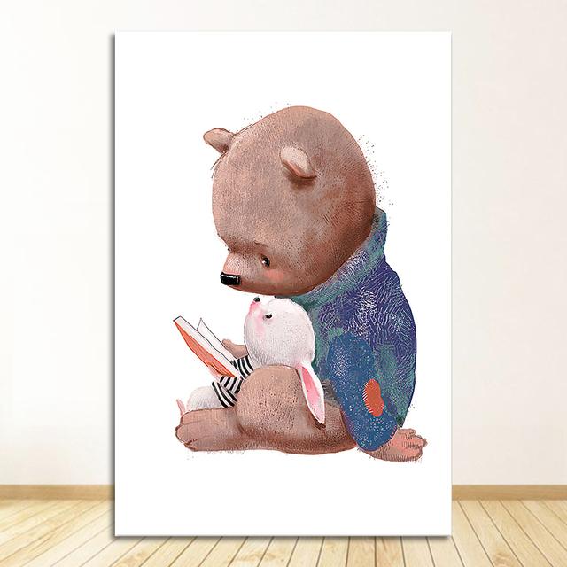 Медведь, настенная живопись на холсте, плакаты на скандинавскую тему и принты, настенные панно, декор для детской комнаты, цветок, кролик, друг, объятие, лиса, мышь