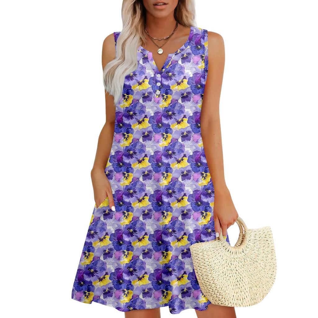 Женские летние платья Свободные сарафаны без рукавов с V-образным вырезом Платье с карманами