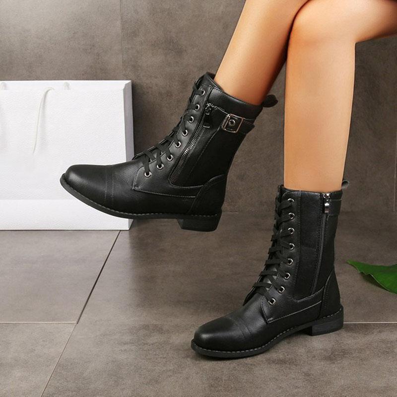 Fashion Women Mid Calf Boots Autumn Winter Low Heel Booties 2024 New Fashion Female Retro British Goth Shoes Short Leather Boots