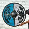 60.96 Cm Handmade Viking Wooden Shield with Tribal Raven Design Blue White Round LARP Shield Norse Cosplay Prop Wall Decor Gift