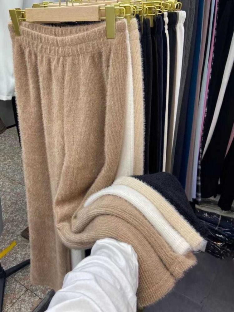 Новые зимние толстые винтажные прямые брюки с эластичной талией, женские универсальные норковые бархатные облегающие широкие свободные брюки, женская повседневная одежда